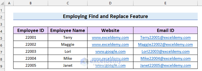 Employing Find and Replace Feature to Remove Email Link in Excel