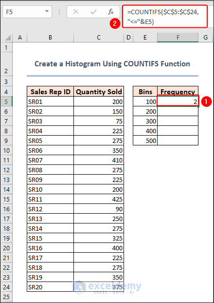 COUNTIFS function to determine frequency of first bin