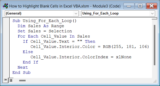 Code for Using For Each Loop to Highlight Blank Cells