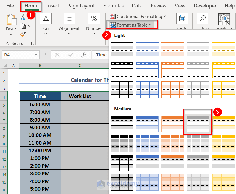 Formatting for Created a Weekly Calendar in Excel
