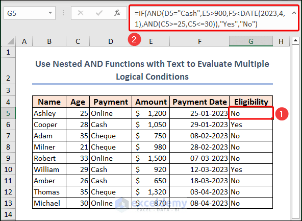 using IF and nested AND function with text to get eligibility of someone in Excel