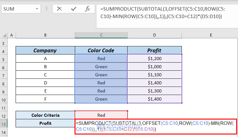 Applying Combined Functions to Sum Visible Cells with Criteria in Excel