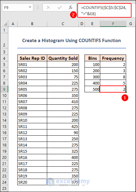 COUNTIFS function to determine frequency of last bin