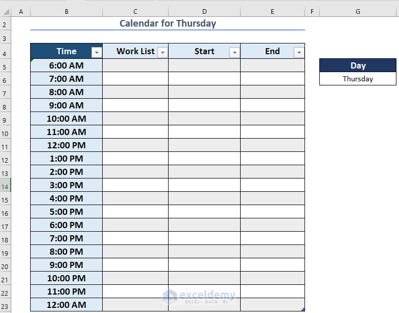Result of a Dynamic Weekly Calendar in Excel