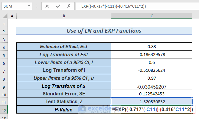 Use of EXP Function to Calculate P-Value from Confidence Interval in Excel 