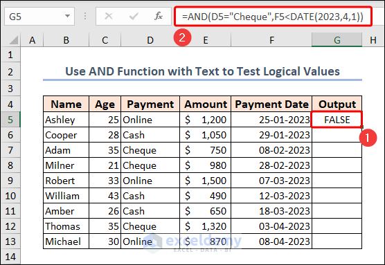 how to use AND function in excel with text