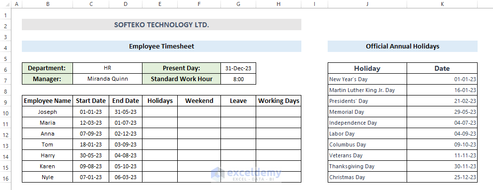 Timesheet for counting work days