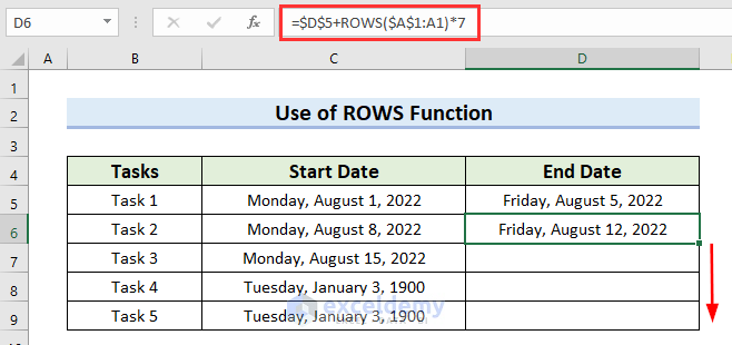 Dragging Fill Handle to Get End Date in Weekly Dates Formula in Excel
