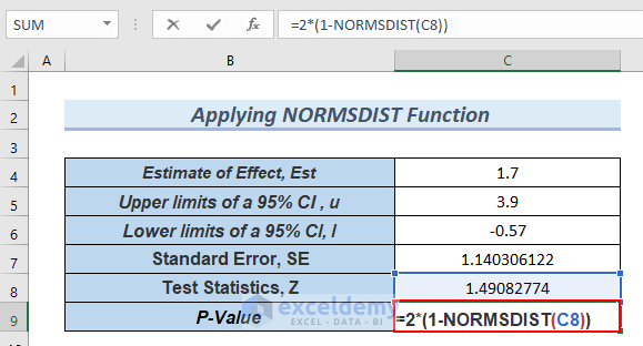 Inserting NORMSDIST Function to Calculate P-Value from Confidence Interval in Excel 