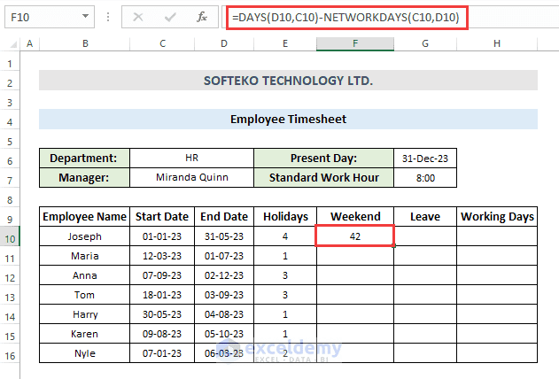 Insert formula to count weekends