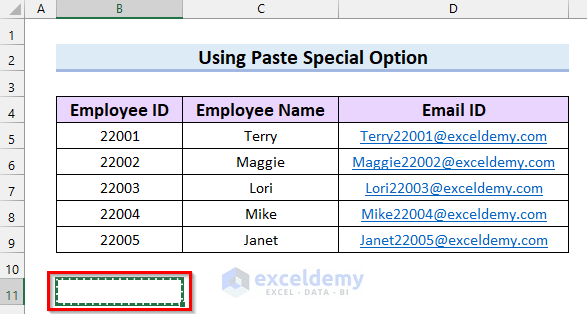 Using Paste Special Option to Remove Email Link in Excel