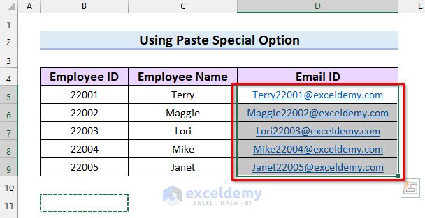 Selecting Cell Range to Remove Email Link in Excel