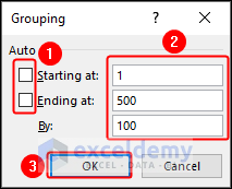 giving arguments for grouping in pivottable in excel