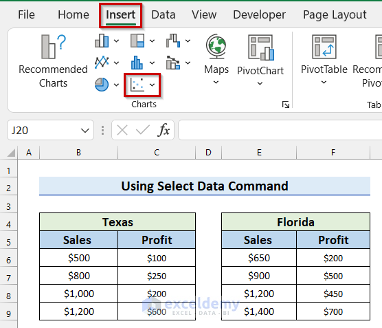 Selecting Scatter Chart to Select Data in Excel for Graph