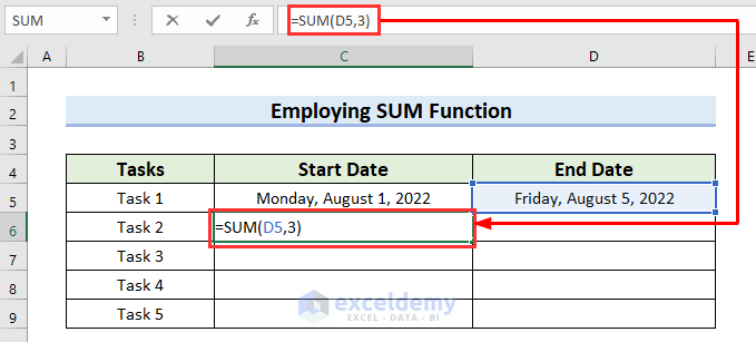SUM function to Calculate Start Date in Weekly Dates Formula in Excel