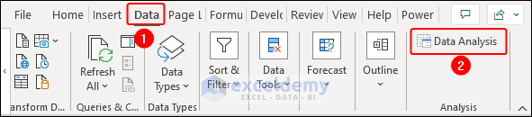 moving to data analysis tool on the Data tab ribbon