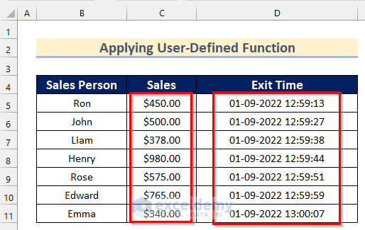 Adding Time in Excel Automatically Using User-Defined Function