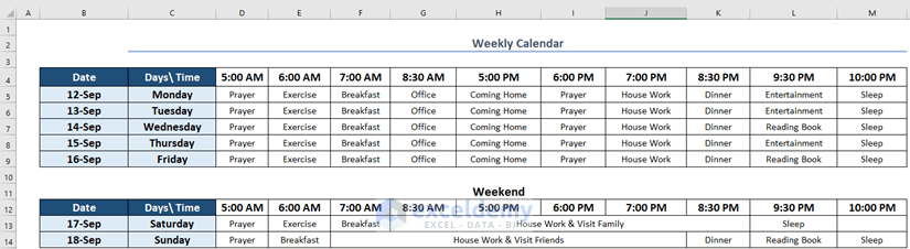 An Example of a Weekly Calendar in Excel
