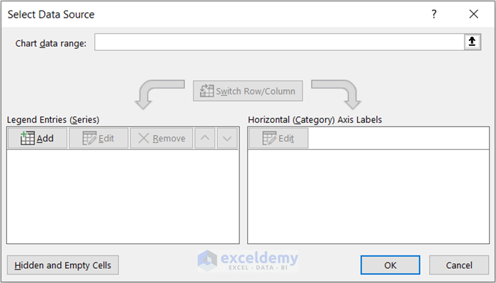 Select Data Source Dialog Box to Select Data in Excel for Graph