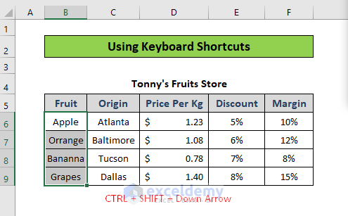 selecting all rows with keyboard shortcut