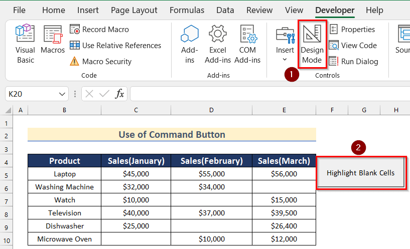 Clicking on Command Button to Use Command Button to Highlight Blank Cells in Excel
