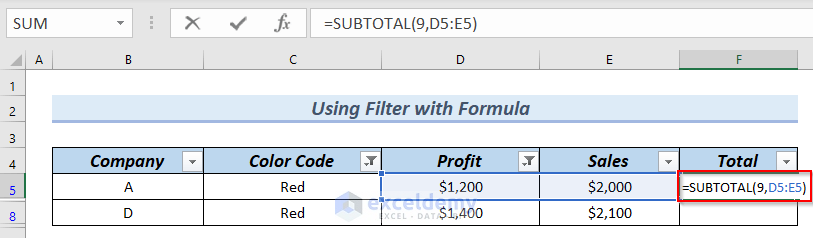 Employing SUBTOTAL Function to Sum Visible Cells with Criteria in Excel