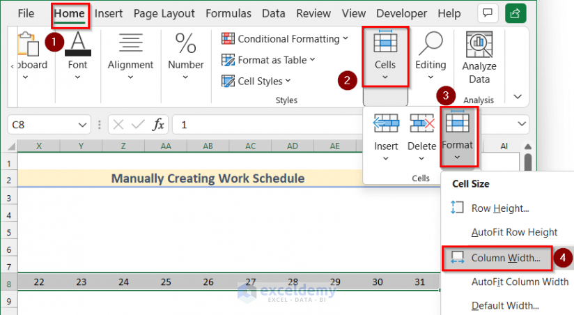 Changing Column Width to Create Monthly Schedule in Excel