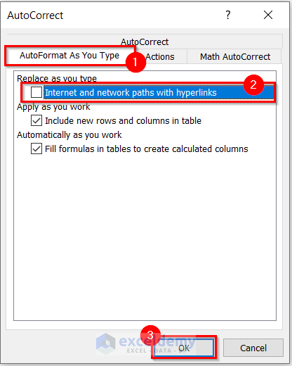 AutoCorrect Dialog Box to Remove Email Link in Excel