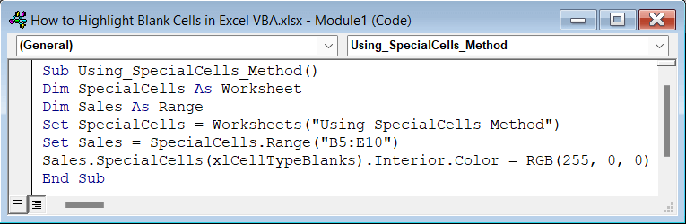 Code for Using VBA SpecialCells Method to Highlight Blank Cells in Excel