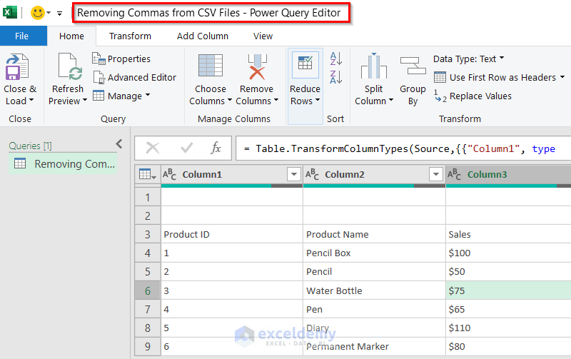 Opening Power Query Editor to Remove Commas in Excel from CSV Files