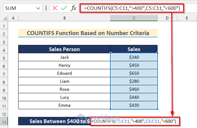 Using COUNTIFS Function with Multiple Criteria in Same Column Based on Number Criteria