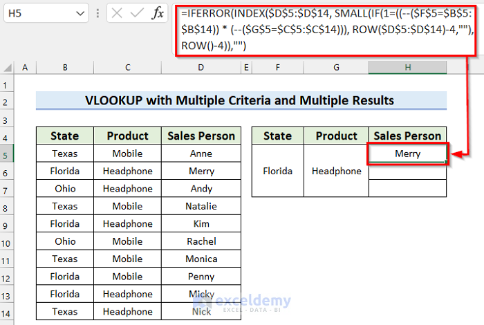 Using Other Functions to Get Result for VLOOKUP with Multiple Criteria and Multiple Results