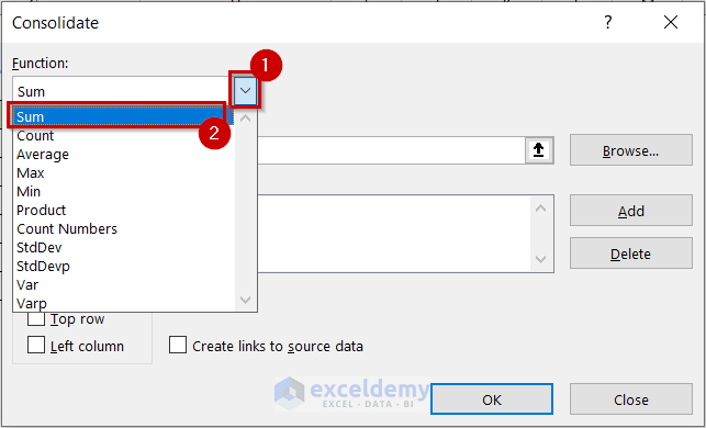 Selecting Function in Consolidate Dialog Box to Link Excel Data Across Multiple Sheets