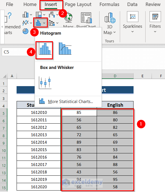 Applying Statistical Chart to make a Histogram with two sets of data in Excel