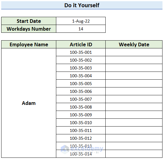Practice Sheet for Weekly Dates Formula in Excel