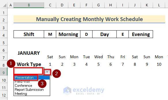 Selecting Work Type From Drop-Down to Create Monthly Schedule in Excel Manually