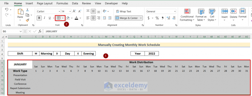 Formatting Dataset to Create Monthly Schedule in Excel Manually