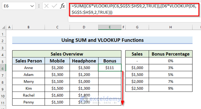 Dragging Fill Handle to Copy VLOOKUP with SUM Functions 