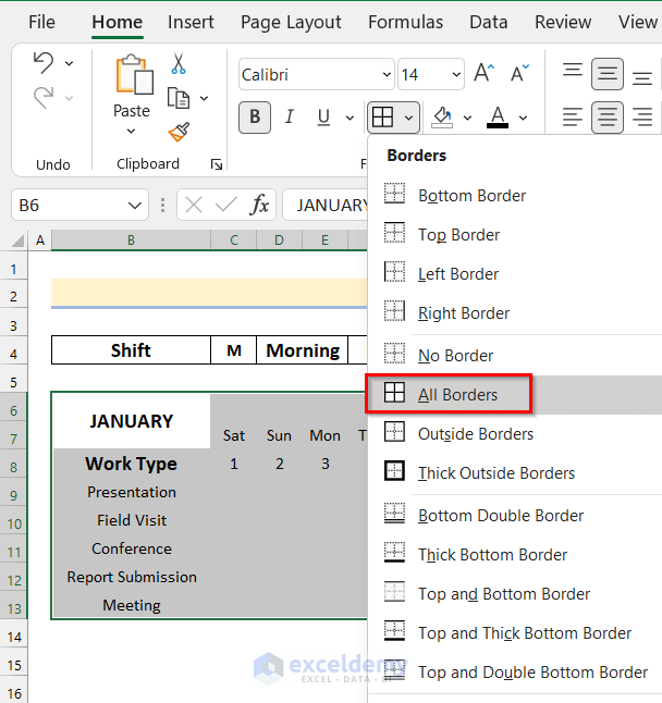 Selecting Border to Manually Create Monthly Schedule in Excel