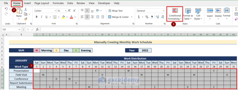 Using Conditional Formating to Manually Create Monthly Schedule in Excel