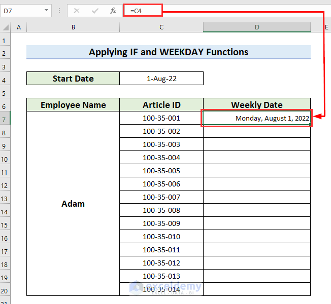 Using IF and WEEKDAY Functions in Weekly Dates Formula in Excel
