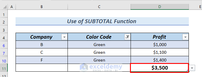 Dataset with Green Color to Sum Visible Cells with Criteria in Excel