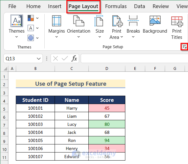 Use of Page Setup Feature to Highlight Cells but Not Print