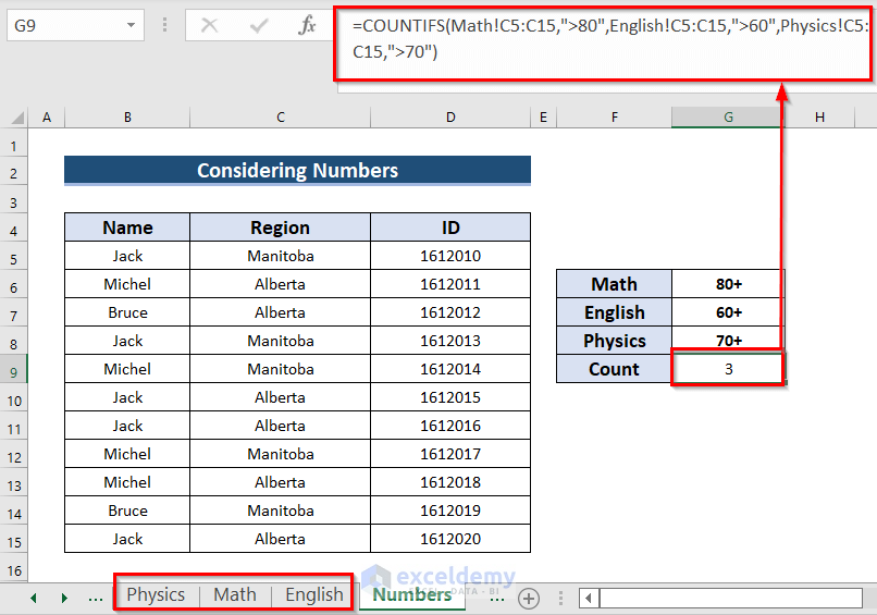 Result of using only numbers as multiple criteria in the COUNTIFS function from a different sheet in Excel