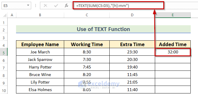 Applying TEXT function with SUM Function for Adding Hours and Minutes in Excel