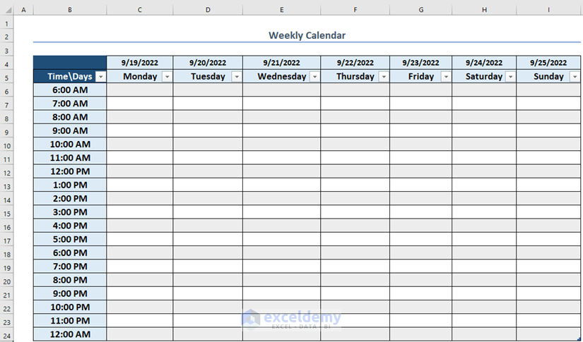 Final Result of How to Create a Weekly Calendar in Excel
