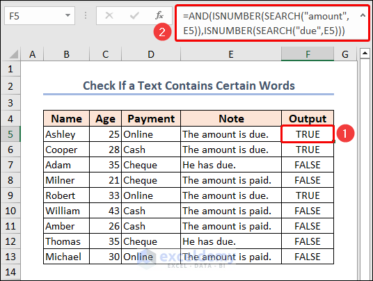 checking if a text contains certain words using AND, ISNUMBER, SEARCH functions