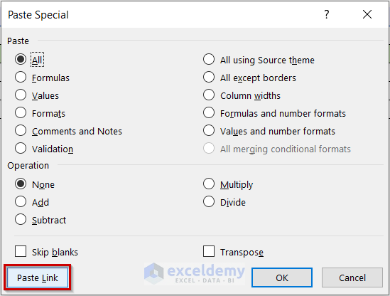 Paste Special Dialog Box to Link Data Across Multiple Sheets in Excel