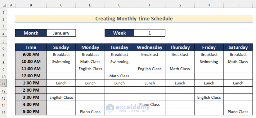 Inserting Values for Creating Monthly Time Schedule in Excel