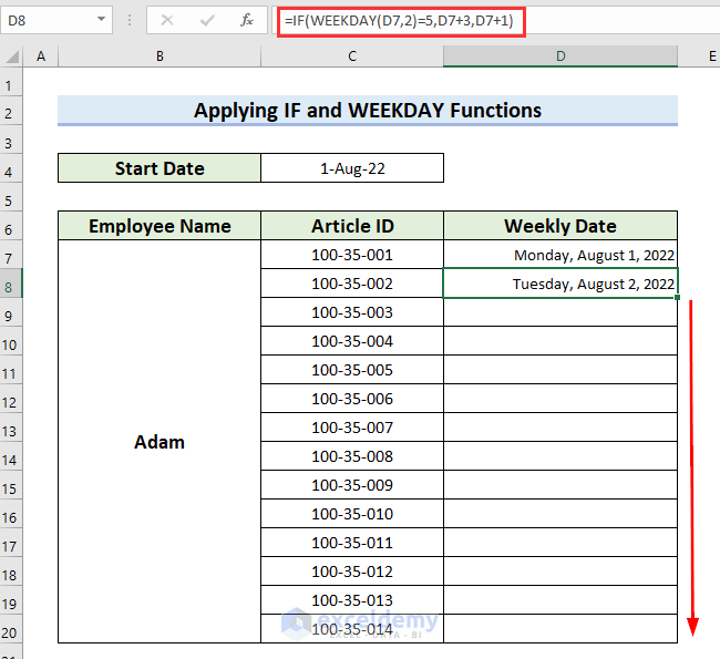 Dragging Fill Handle to Copy Weekly Dates Formula in Excel